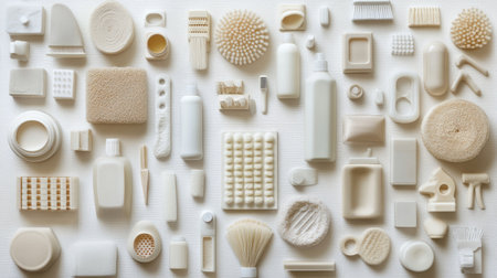 Explore a stunning visual of cream and off-white household objects arranged meticulously to create a minimalist design that inspires elegance and simplicity.の素材