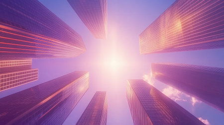 This stunning image captures the majestic view of towering skyscrapers reaching up towards a vibrant sky, illuminated by warm sunlight, showcasing modern architecture.の素材