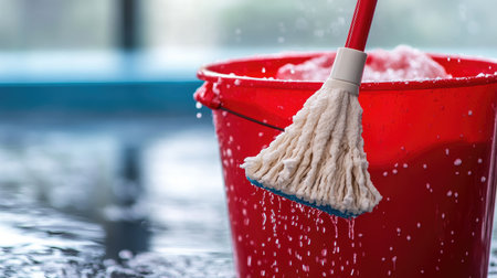 A red cleaning bucket with a mop is shown in this vibrant image, capturing the action of cleaning. Water splashes highlight the indoor cleaning environment.の素材