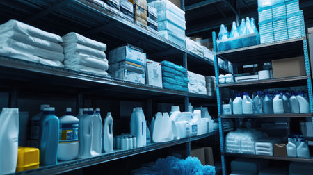 The image features a well-organized warehouse storage area filled with various cleaning supplies, bottles, and container products, representing effective inventory management.の素材