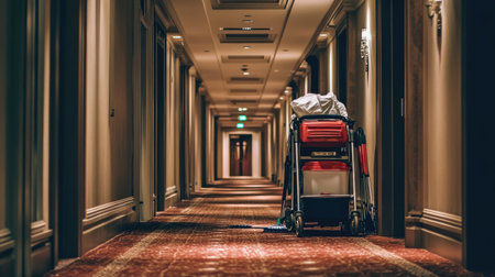 A quiet hotel corridor showcasing a cleaning cart, illustrating the meticulous care taken in maintaining hospitality spaces while highlighting serene atmosphere and design.の素材