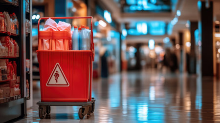 A vibrant cleaning trolley stands in a shopping mall corridor, marked with a caution sign, reflecting the emphasis on hygiene and maintenance in public spaces.の素材