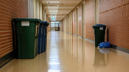 This image captures a clean and organized hallway in an educational institution, featuring trash bins and polished flooring, illuminated by natural light.の素材