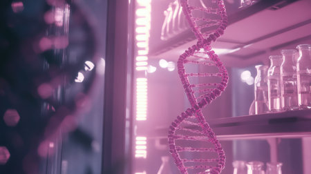A modern laboratory scene featuring a glowing DNA double helix surrounded by glass flasks, all illuminated in soft pink light, highlighting the field of genetics research.の素材