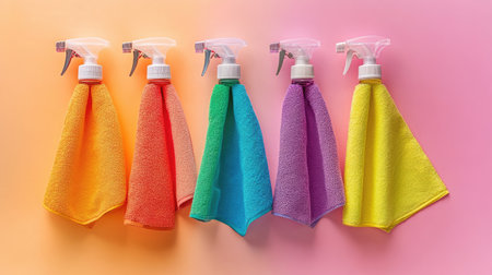 Bright and colorful arrangement of cleaning sprays alongside microfiber cloths creates a cheerful atmosphere for effective housekeeping tasks and home organization.の素材