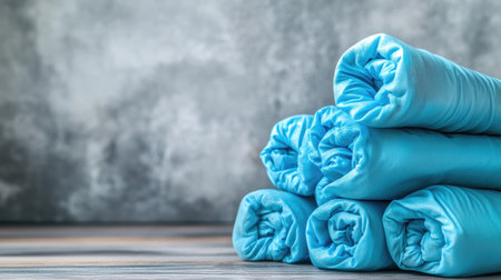 A serene arrangement of rolled blue fabric sheets set against a soft gray background and wooden surface, creating a clean and modern aesthetic for various design projects.の素材