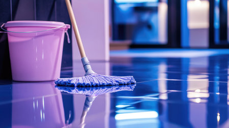 A detailed composition showcasing a mop and a pink bucket on a glossy floor, emphasizing cleanliness and maintenance in a modern indoor environment. Ideal for cleaning themes.の素材