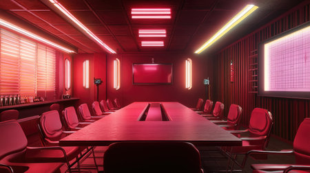 A stylish modern conference room featuring vibrant red neon lighting, sleek furniture, and a professional setup for meetings, presentations, or creative brainstorming sessions.の素材