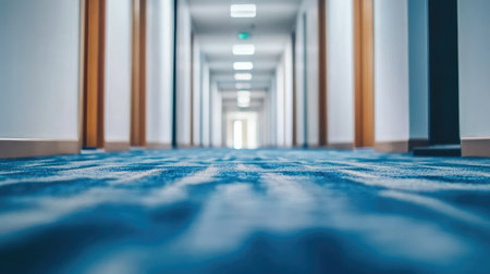 A serene hotel corridor featuring a plush blue carpet and lined with doors, leading to a beautifully illuminated space at the end, creates a welcoming atmosphere.の素材