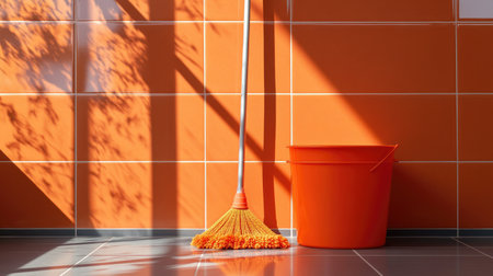 A modern interior space featuring a bright orange wall with a broom and bucket, emphasizing cleanliness and organization in a vibrant and inviting setting.の素材