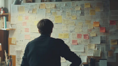 A creative individual stands in front of a wall filled with colorful sticky notes, deep in thought. This scene captures the essence of brainstorming and idea organization in a modern workspace.の素材