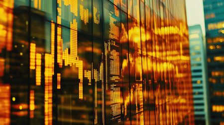 Dynamic urban scene showcasing a vibrant stock market display on skyscraper glass, reflecting light from the city as dusk sets in, highlighting financial trends.の素材