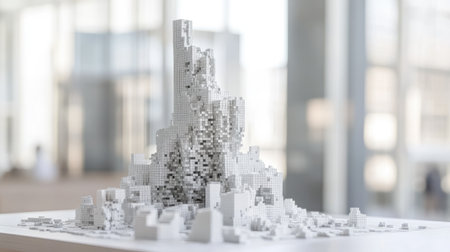 This artistic representation features a detailed model made from small cubes, illustrating abstract architecture in a bright, modern space, ideal for design inspirations.の素材