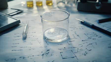 A clear glass vessel rests on a table cluttered with scientific documents, pens, and vials of liquid, illustrating a vibrant research environment in a laboratory setting.の素材