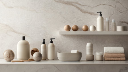 An aesthetic arrangement of minimalist bathroom products and accessories on light wooden shelves, featuring soft tones and natural textures ideal for a tranquil self-care space.の素材