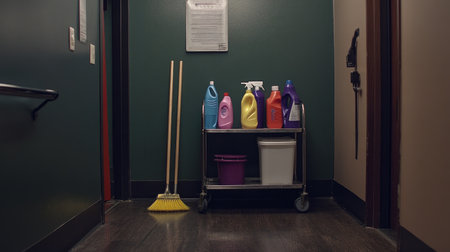 A neat and organized cleaning station showcasing a cart with colorful bottles, a broom, a mop, and a container, set against a green wall in a hallway.の素材
