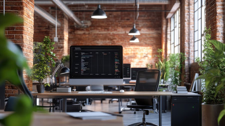 Bright modern office features vintage brick walls, large windows, and lush plants, providing a refreshing workspace ideal for productivity and creativity.の素材