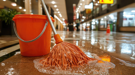 A vibrant orange mop and bucket positioned in a shopping mall corridor, highlighting the importance of cleanliness in public spaces with polished, reflective floors.の素材