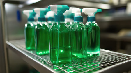 A collection of green liquid cleaning solution bottles neatly arranged on a metal shelf showcases efficient cleaning tools for commercial kitchens and sanitation tasks.の素材
