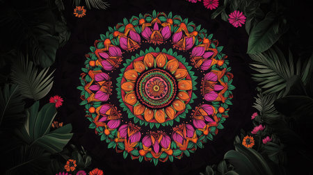 A vibrant mandala design featuring a blend of tropical flowers and leaves against a dark background, perfect for art enthusiasts and wellness projects, adding tranquility to spaces.の素材