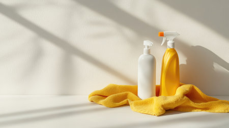 Two cleaning solution bottles, one white and one yellow, sit on a soft yellow cloth against a bright surface, with gentle shadows creating a serene and tidy atmosphere.の素材