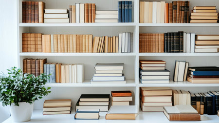 A beautifully organized bookshelf showcasing an array of books in muted tones, complemented by a small potted plant, perfect for enhancing any reading space.の素材