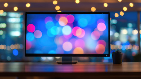 A modern computer monitor showcases a vibrant bokeh background with colorful lights, creating a cozy atmosphere in a stylish workspace filled with tranquility.の素材