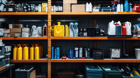 Brightly colored plastic containers and cleaning supplies fill the shelves in a well-organized warehouse, showcasing various products for cleaning and maintenance tasks.の素材