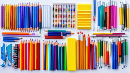 A vibrant assortment of art supplies arranged on a white surface, showcasing pencils, markers, scissors, and organizers that inspire creativity and artistic expression.の素材