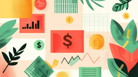 Colorful abstract representation of financial elements and nature, ideal for illustrating concepts of investment, business growth, and economic strategy.の素材