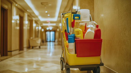 A cleaning cart filled with various supplies stands in a well-lit hotel hallway, showcasing tools essential for maintaining cleanliness and hygiene in hospitality environments.の素材