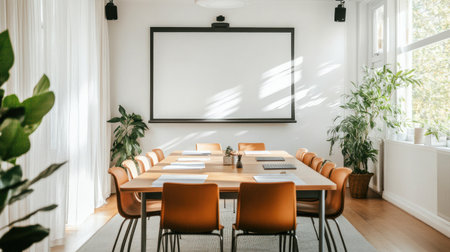 A stylish meeting room with a long wooden table surrounded by brown chairs. Abundant natural light from large windows creates a positive work atmosphere.の素材