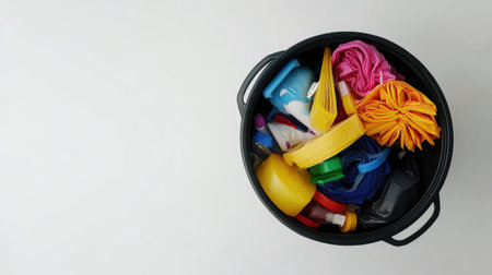 A black container filled with various colorful cleaning supplies, illustrating the essentials for maintaining a tidy environment at home or office. Perfect for cleaning themes.の素材