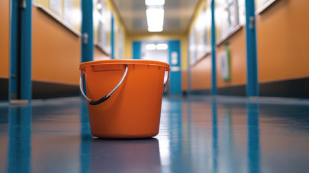 An orange bucket rests on a shiny blue floor in a colorful school hallway, showcasing a cheerful environment ideal for education and activities.の素材