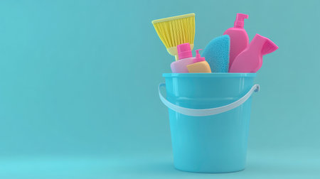 A vibrant blue bucket filled with colorful cleaning supplies showcases sponges and bottles, perfect for enhancing hygiene and organization in any household.の素材