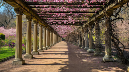A stunning pathway lined with cherry blossoms and elegant columns invites visitors into a serene garden sanctuary. Perfect for nature enthusiasts and relaxation seekers.の素材