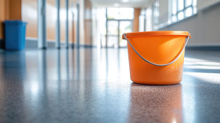 An orange bucket is positioned on a glossy floor inside a spacious hallway, creating a vibrant and clean atmosphere that emphasizes maintenance and organization.の素材