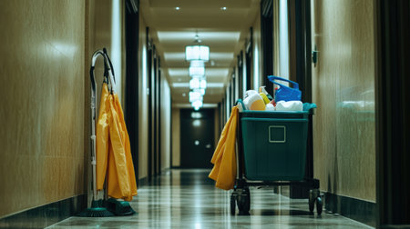 A pristine hotel hallway featuring cleaning tools and supplies, emphasizing maintenance and service quality in a modern and inviting setting for guests.の素材