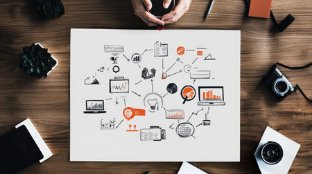 A dynamic workspace showcasing business charts, graphs, and marketing icons on a wooden desk, perfect for illustrating planning and strategy development.の素材