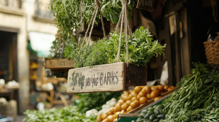 A vibrant local market scene showcases an array of fresh herbs and vegetables, highlighted by rustic wooden signage and beautiful natural lighting, creating a lively atmosphere.の素材