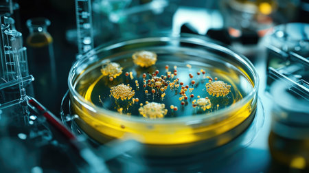 A vivid close-up view of a petri dish containing vibrant microbial growth, surrounded by various lab equipment, showcasing a dynamic scientific research environment.の素材