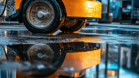 A vibrant close-up of a yellow street sweeper parked on a rain-soaked pavement, capturing the reflections of urban elements during a tranquil evening.の素材