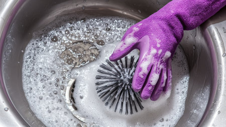 A close-up of a hand wearing a purple glove scrubbing a kitchen sink filled with bubbles and foam, showcasing effective cleaning tools and methods for household hygiene.の素材