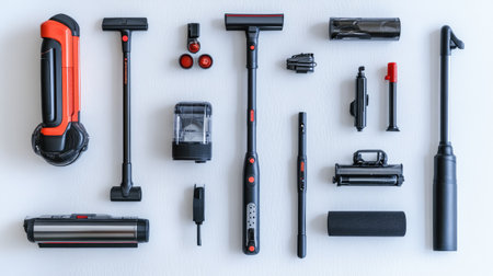 A stylish collection of cleaning tools including a vacuum and accessories laid out neatly against a white background, showcasing modern design and functionality for various environments.の素材