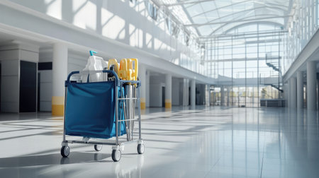 A cleaning cart with various supplies sits in a spacious modern building interior, featuring abundant natural light, reflecting a clean and organized environment ideal for professional services.の素材