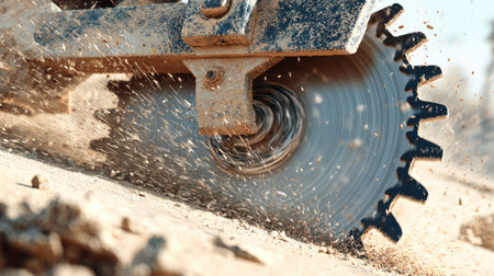 Dynamic close-up of a circular saw efficiently cutting wood, showcasing the intricate details of the blade and the splashes of sawdust in a workshop environment.の素材