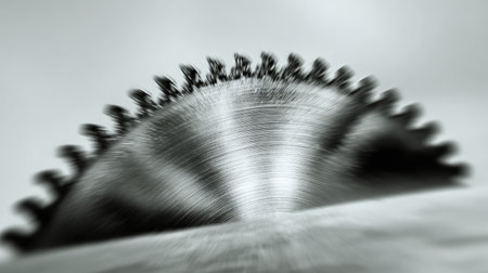 A close-up view of a circular saw blade showcasing its intricate details and sharp teeth, perfect for representing tools, craftsmanship, and industrial environments.の素材