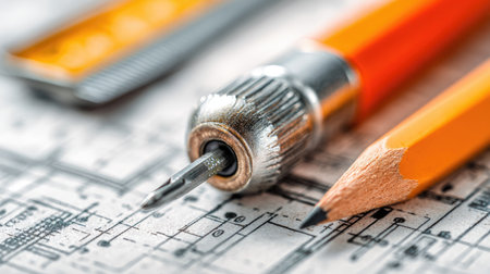 This close-up image showcases vibrant orange drafting tools atop a detailed blueprint, emphasizing precision and creativity in design and architectural projects.の素材