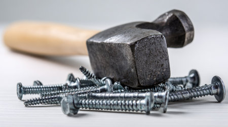 A classic hammer rests alongside a pile of screws on a wooden surface, highlighting essential tools for home improvement projects and DIY enthusiasts.の素材