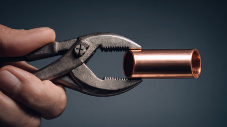 A hand expertly holds metal pliers that grip a copper pipe, showcasing precision craftsmanship in a professional workshop setting with a moody background.の素材